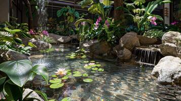 Engage your senses From the sound of trickling water to the scent of fragrant flowers this indoor pond stimulates all senses for a truly immersive experience photo
