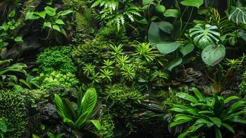 A verdant vivarium with a diverse array of aquatic and land plants creating layers of texture and color throughout the lush environment photo