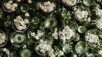 A stunning wedding backdrop featuring a wall of floating bowls filled with delicate white flowers and lush green foliage photo