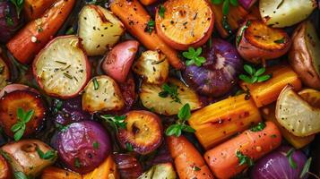 A platter of roasted root vegetables drizzled with flavorful herbinfused olive oil. A comforting and sustainable side dish for the chilly winter season photo