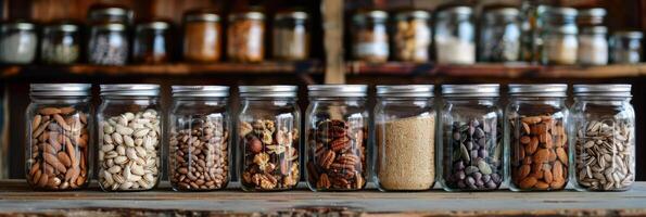 A row of jars filled with different types of nuts and seeds for added crunch photo