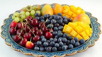 A treat for the senses a variety of juicy fruits including plump blueberries ripe cherries and juicy mango arranged in a colorful platter photo