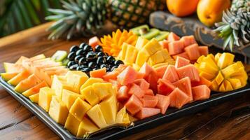A tropical escape in every bite a fruit platter showcasing a delicious mix of tropical fruits like lush papaya sweet pineapple and velvety mango photo