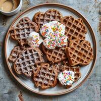 A kidfriendly version of buckwheat waffles into fun shapes and served with a side of whipped cream and sprinkles photo