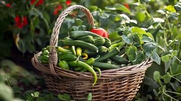 A basket overflowing with freshly harvested green beans cucumbers and bell peppers photo