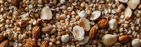 A closeup shot of the buckwheat seeds mixed in with oats and nuts in the bar providing a diverse and filling texture photo