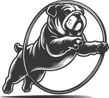 a bulldog jumping through a hoop silhouette design. vector