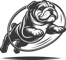 a bulldog jumping through a hoop silhouette design. vector