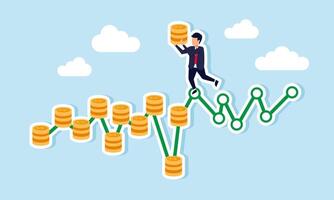 Dollar Cost Averaging investing the same amount monthly to build wealth and earn profit, concept of A smart investor stacks coins monthly for sustained growth vector