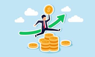 Success in investing growing wealth from pensions, mutual funds, stock market returns, and financial gains, concept of A rich businessman jumps high on a stack of coins with a growth graph vector