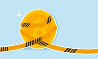 Bitcoin cryptocurrency banned by government policy crypto crash or digital crime investigation, concept of A high value Bitcoin wrapped in yellow crime scene investigation tape vector