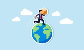 Global logistics service world import and export, transportation, shipping, and goods delivery, concept of A logistics worker carries a large parcel, running on a globe to deliver it vector