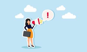Attention important announcement, message, or broadcast via loudspeaker or exclamation point, concept of A confident businesswoman speaks through a megaphone with exclamatory attention vector