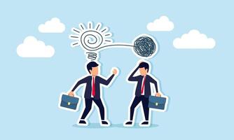 Proactive thinking, chaos and order theory, or simplifying ideas to solve complex problems, concept of Businessmen discussing work, using creativity to turn a messy line into a light bulb idea vector