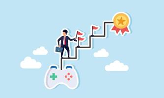Gamification a business strategy and achievements to engage customers and motivate winning, concept of A joyful businessman climbs stairs from a gaming joystick to achieve his target vector