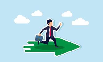Moving forward to success with ambition, motivation, career development, or work effort to reach business targets, concept of A confident, ambitious businessman running forward on an arrow symbol. vector