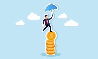 Financial stabilitymanaging risk and trust, facing economic challenges, balancing reliability, and securing wealth, concept of businessman hold umbrella balance on unstable coins stack. vector