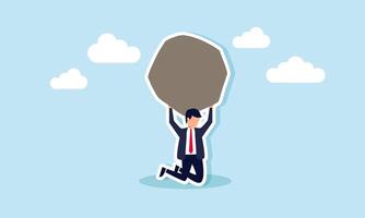 Work responsibilities, pressure, debt burden, challenges, struggles, overwork, effort, or punishment, concept of A tired businessman carries a heavy boulder in an Atlas pose vector