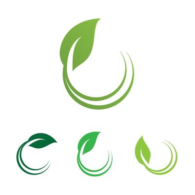 Collection of four green leaf and swirl eco-friendly logos.