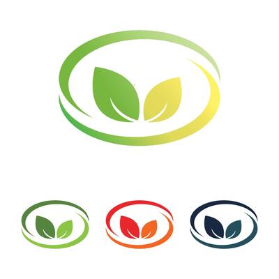 Collection of four green leaf and swirl eco-friendly logos.