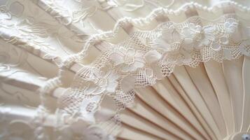 A classic white hand fan with a timeless damask pattern accented with delicate lace and a velvet ribbon for added elegance photo