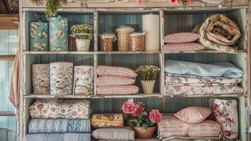 A charming display of pastelhued fabrics reminiscent of days gone by stacked neatly on shelves and dd over the stalls wooden frame photo