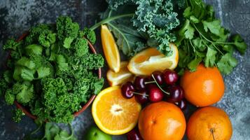 A mixture of leafy greens including kale spinach and cilantro are bundled together with a bundle of vibrant fruits like cherries and oranges to create a balanced and flavorful smoothie photo