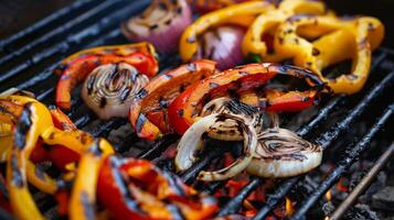 A classic summer side dish of grilled peppers and onions perfect for your next backyard BBQ photo
