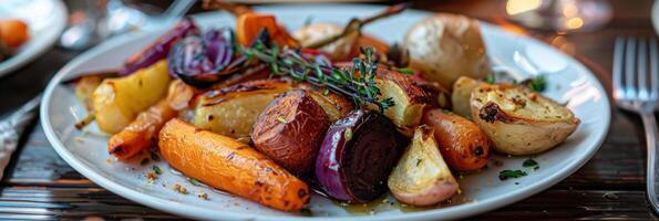 A plate of roasted root vegetables freshly picked from the farms own fields photo