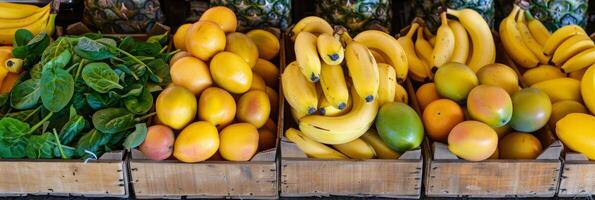 A vibrant display of fresh produce including bananas mangoes and spinach awaits to be transformed into a tasty smoothie blend photo