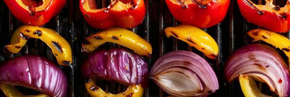 Thinly sliced bell peppers and onions grilling to perfection adding a pop of color to any meal photo