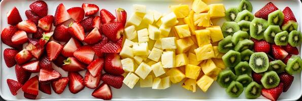 Rows of bright plump strawberries kiwis and pineapple chunks line up neatly on a white ting board invitingly prepped for a smoothie masterpiece photo