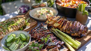 A summer BBQ spread with grilled celery sticks as one of the star side dishes photo