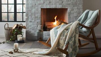 A tranquil corner by the fire featuring a simple wooden rocking chair and a soft cotton throw with a whimsical geometric pattern photo