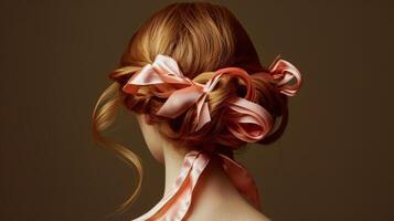 Messy yet elegant a twisted chignon with intertwined ribbons for a playful and coquette hairstyle photo