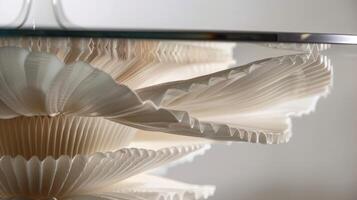 An elegant dining table with a glass top supported by delicate overlapping seashell patterns appearing to be suspended in midair photo