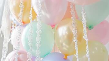 A whimsical bouquet of pastel balloons nestled in a corner with delicate lace streamers adding a touch of elegance to the display photo