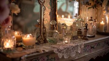 A romantic vanity table dd in a lace cloth and displaying a collection of antique perfume bottles. Soft candlelight adds to the dreamy and nostalgic atmosphere photo