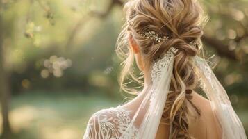 Loose tousled waves cascading down the shoulders accentuated with a thin lace hair wrap for a dreamy and feminine look photo