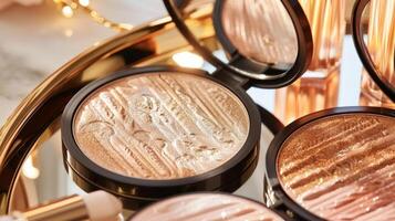 A gold vanity tray displaying an array of soft shimmery highlighters and creamy lip glosses embodying the gl and playful nature of coquetteinspired makeup photo