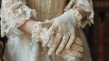 Closeup of a pair of lace gloves showcasing the intricate lacework and charming bow detail on the wrist evoking a sense of oldworld charm photo