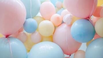 A of pastel balloons in various shapes and sizes gathered together in one corner of the room like a colorful cloud photo