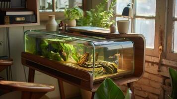 A compact desk with a small builtin aquarium perfect for adding some aquatic inspiration to a cozy work nook photo