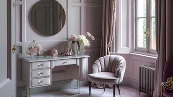 Step into a world of softness and luxury in this complete with powder pink walls an elegant velvet armchair and an overflowing vanity table adorned with rosetinted trinkets photo