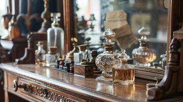 An oldfashioned vanity table its wooden frame worn but still elegant. A collection of vintage perfume bottles each with a unique design sit atop the smooth surface photo