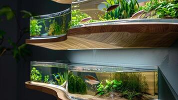 A spacesaving corner shelf design that incorporates small glass aquariums perfect for showcasing delicate sea creatures and aquatic plants photo