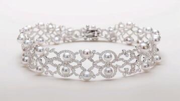 An elegantly understated bracelet crafted with delicate lace patterns and adorned with rows of glistening pearls in a soft dreamy setting photo