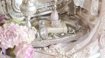 A dreamy vanity table adorned with delicate lace and soft pastel hues. A silver tray holds an assortment of precious trinkets evoking feelings of nostalgia and sentimentality photo