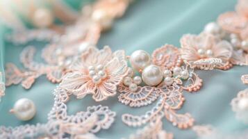 A stunning statement necklace featuring a mix of lace and pearl accents in a soft pastel color scheme perfect for adding a touch of elegance to any outfit photo