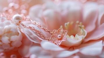 A dainty bracelet crafted with delicate lacework and a single pearl charm on a backdrop of soft pastel colors exuding a timeless and romantic charm photo